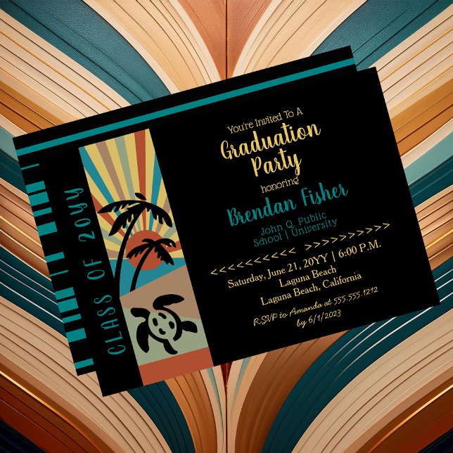 Invitation Retro Beach Sunset Scene Party de graduation (Retro Beach Sunset Scene Graduation Party Invitation -- Print | Download)