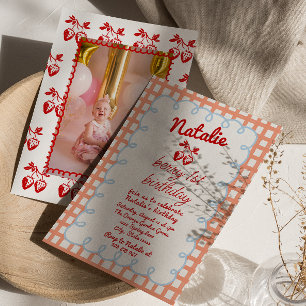 Invitation Retro Berry 1st Drawberry Photo Anniversaire