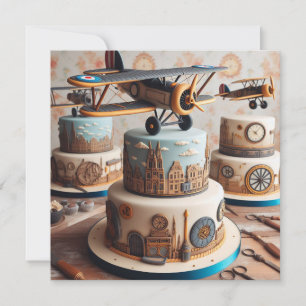 INVITATION RETRO BIPLANE THEMED BANTHDAY CAKE