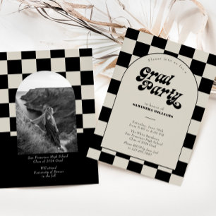 Invitation Retro Black À damiers Arch Photo Graduation Party