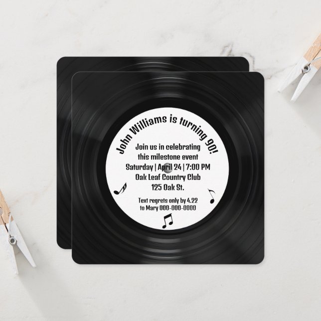 Invitation Retro Black Vinyl LP Record 90e fête d'anniversair (Devant/Arrière en situation)