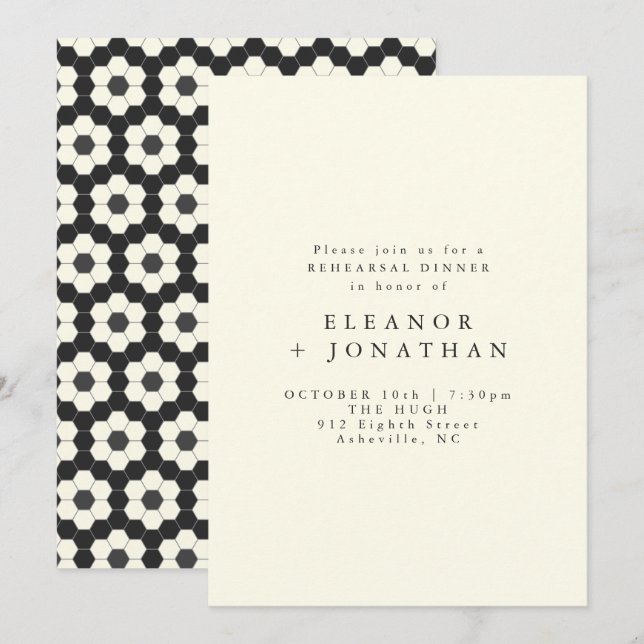 Invitation Retro Black White Carrelage géométrique Dîner de r (Devant / Derrière)