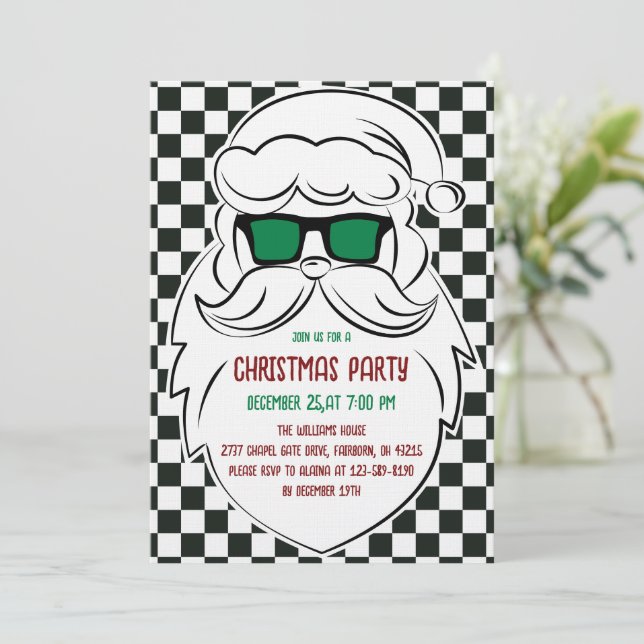 Invitation Retro Black White Checkered Santa Claus Christmas  (Debout devant)