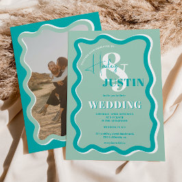 Invitation Retro bleu courbe squiggle ondulée photo mariage