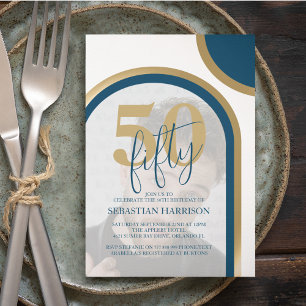 Invitation Retro Bleu Et Or 50e Photo Anniversaire