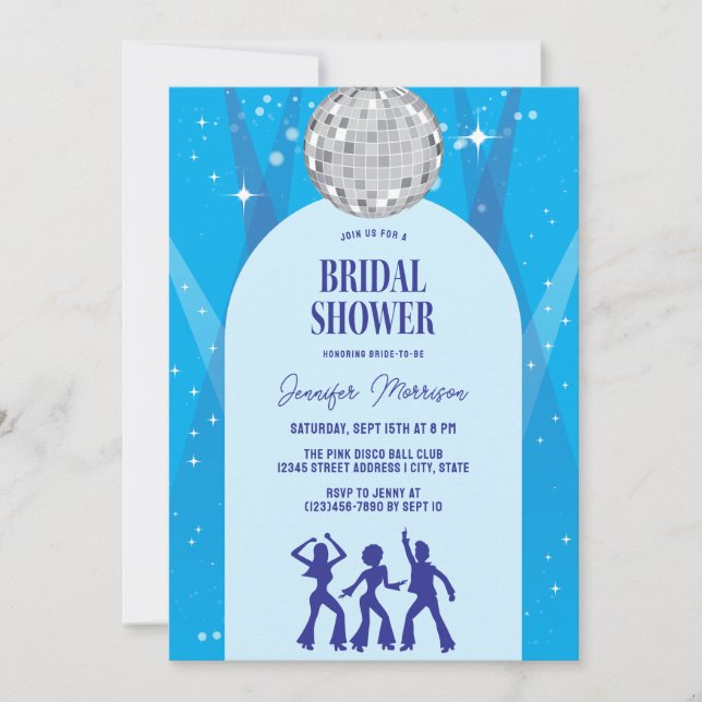 Invitation Retro Blue 70s Disco Dancing Queen Bridal Shower (Devant)