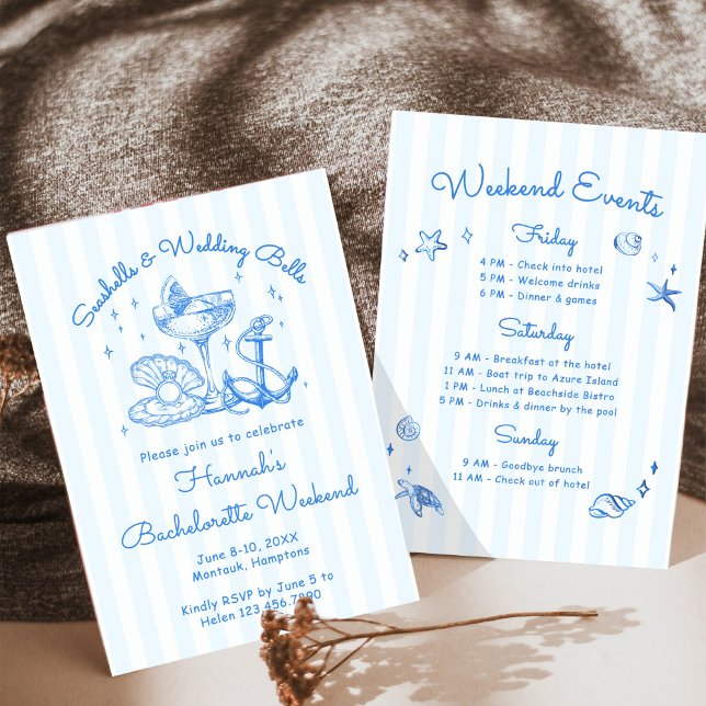 Invitation Retro Blue Coquillages & Cloches de Mariage Enterr (Créateur téléchargé)