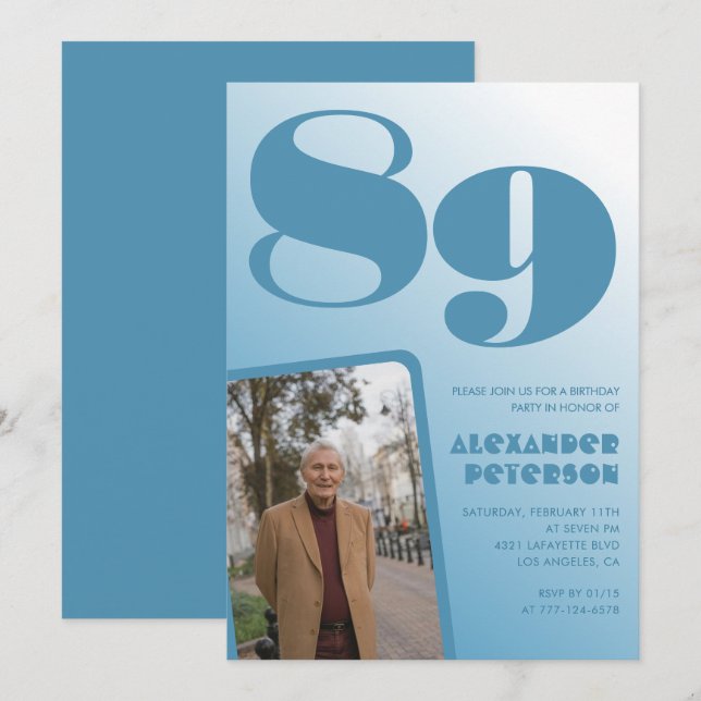 Invitation Retro Blue Gradient Photo 89e anniversaire (Devant / Derrière)