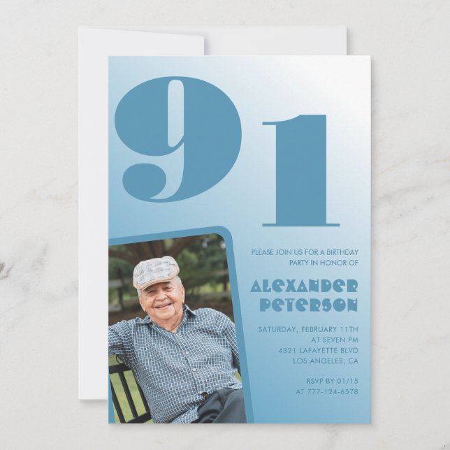Invitation Retro Blue Gradient Photo Hommes 91e anniversaire (Devant)