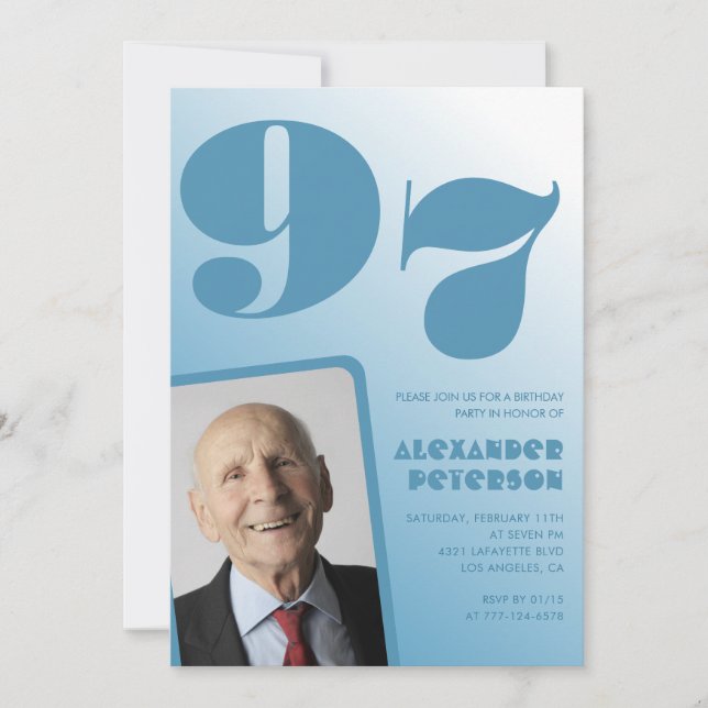 Invitation Retro Blue Gradient Photo Hommes 97e anniversaire (Devant)