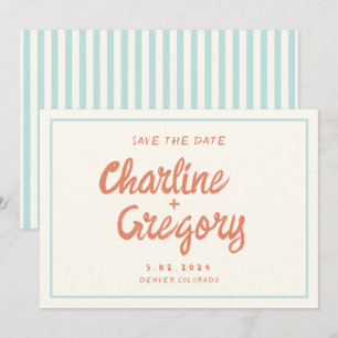 Invitation Rétro Blue Handwriting Wedding Enregistrer la date