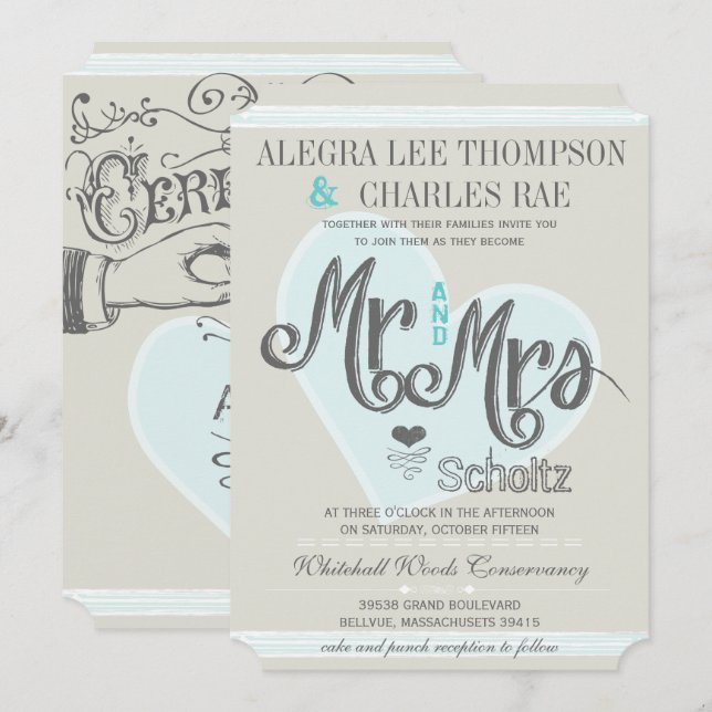 Invitation Retro Blue Mint M. et Mme Mariage de typographie (Devant / Derrière)