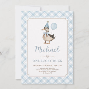 Invitation Retro Blue One Lucky Duck Balloon 1er anniversaire