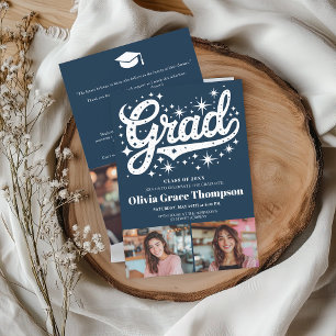 Invitation Retro Blue Script Stars 3-Photo Graduation Party