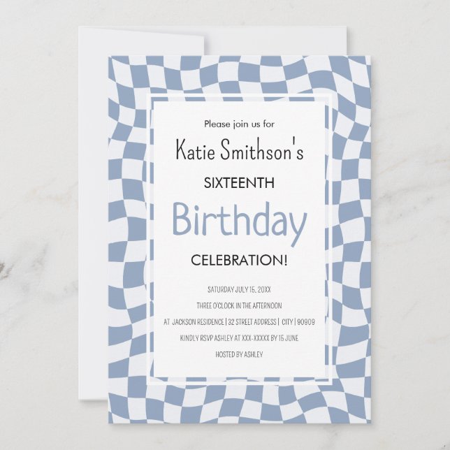 Invitation Retro Blue Wavy Check Anniversaire (Devant)