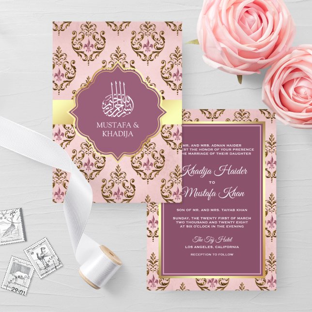 Invitation Retro Blush rose violet or Damask Mariage musulman (Créateur téléchargé)