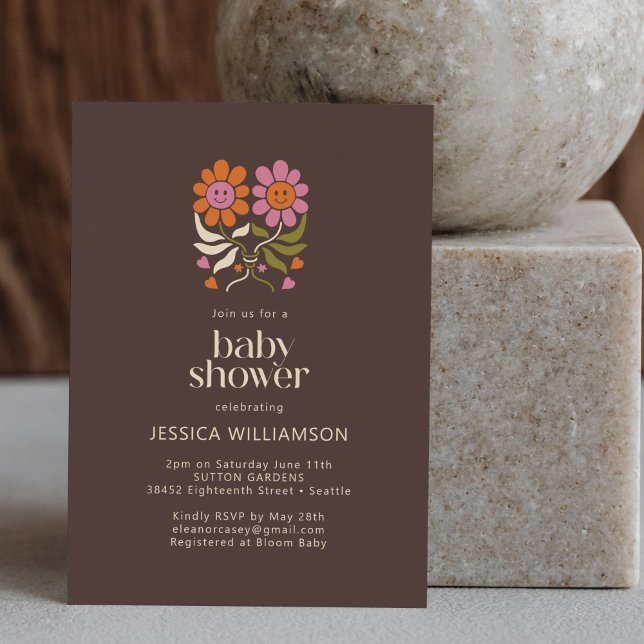 Invitation Retro Boho les années 70 Smile Floral Baby shower  (Créateur téléchargé)