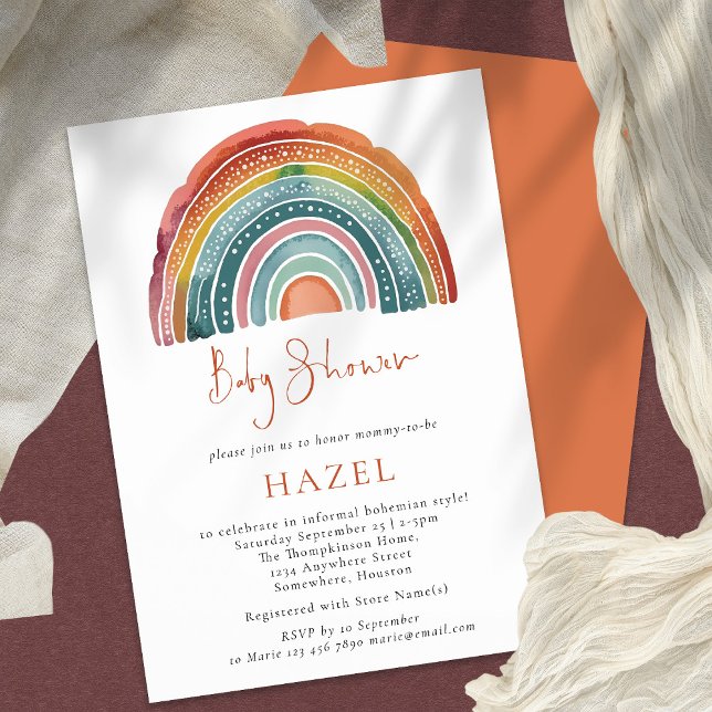 Invitation Retro Boho Rainbow Script Baby shower bohème (Créateur téléchargé)