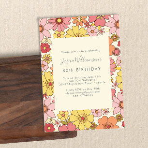 Invitation Rétro Boho Rose Jaune Floral Groovy 80e Anniversai