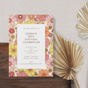 Invitation Retro Boho rose jaune Floral mignonne fête d'anniv