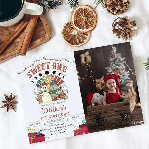Invitation Retro Boho Snowman sapin de Noël 1er anniversaire