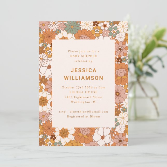 Invitation Retro Boho Terracotta Floral Cute Baby shower (Debout devant)