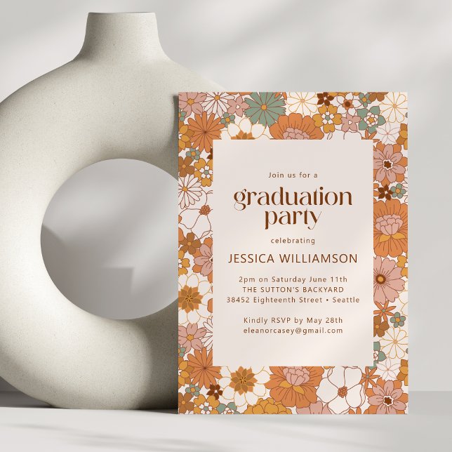 Invitation Retro Boho Terracotta Floral Cute Graduation Party (Créateur téléchargé)