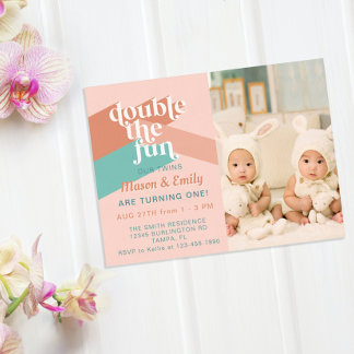 Invitation Retro Boho Twins Anniversaire Fête Photo Invitatio