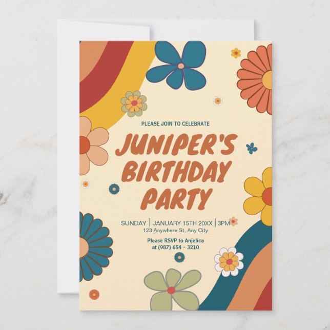Invitation Retro Boho Wildflower groovy arc-en-ciel 70s anniv (Devant)