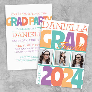 Invitation Retro Bold Oversize 3 Photo Grad Party