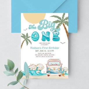 Invitation Retro Boy The Big One Surfant Fête d'anniversaire 