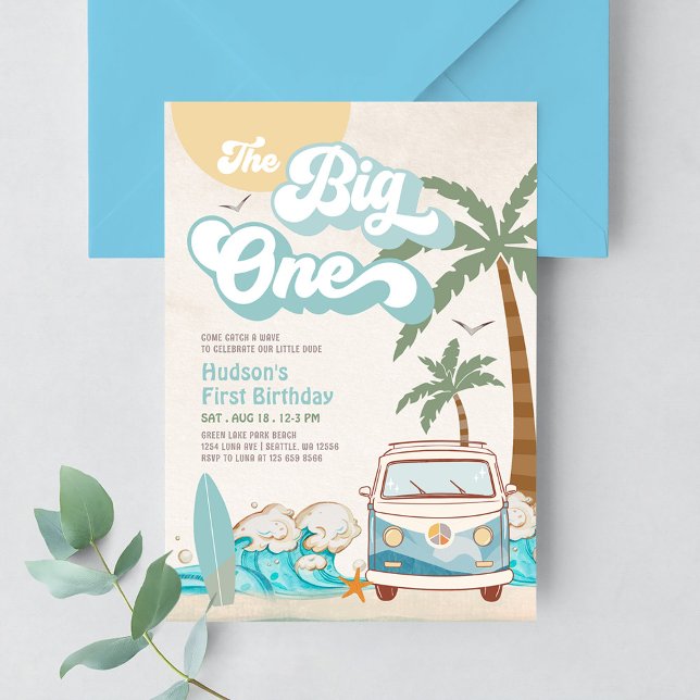 Invitation Retro Boy The Big One Surfing 1st Birthday Party (Créateur téléchargé)