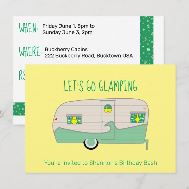 Invitation Rétro Camping Car en boîte de jambon vert menthe (Devant / Derrière)