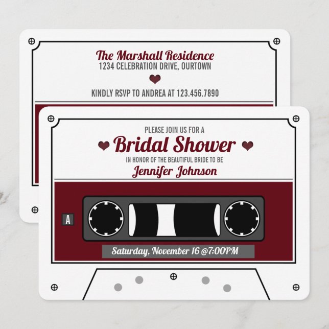Invitation Rétro Cassette Audio Rouge Vin Mariage  (Devant / Derrière)