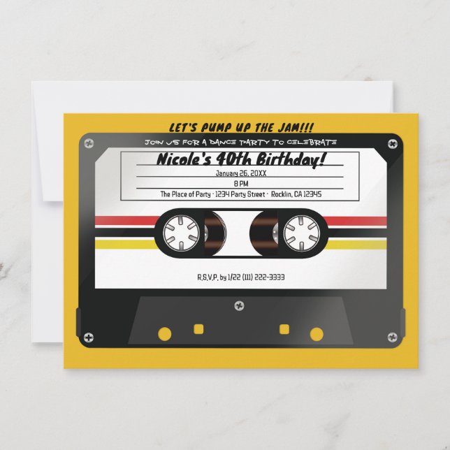 Invitation Retro Cassette Bande Jaune 90's Anniversaire Party (Devant)