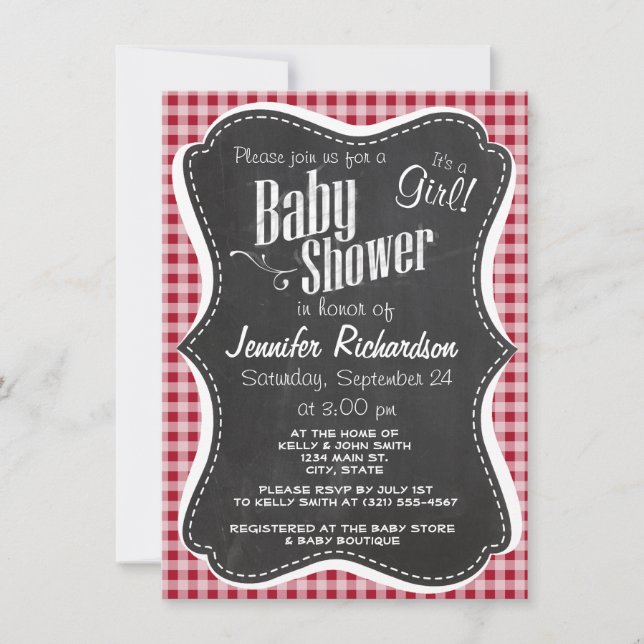Invitation Retro Chalkboard; Carmine Red En vichy; À damiers (Devant)