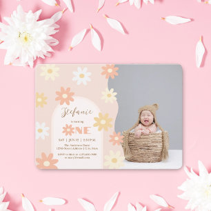Invitation Retro Chic Bohemian Daisy 1er Birthday Baby Photo