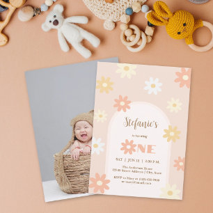 Invitation Retro Chic Bohemian Daisy 1er Birthday Baby Photo