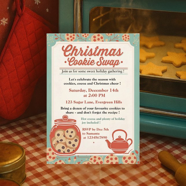 Invitation Retro Christmas Cookie Swap Teal & Red (Créateur téléchargé)