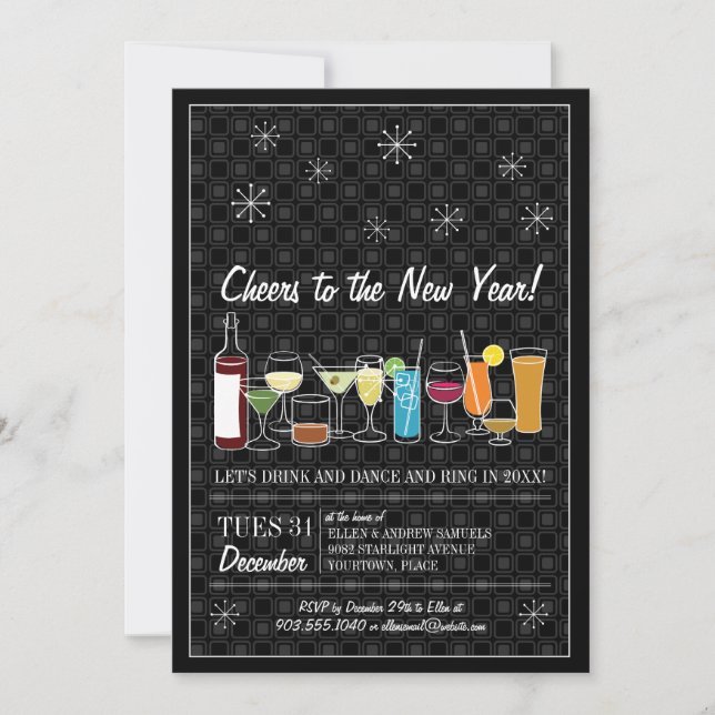 Invitation Retro Cocktail Party Nouvel An noir (Devant)