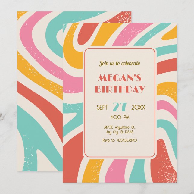 Invitation Retro Colorful abstract seamless pattern birthday (Devant / Derrière)