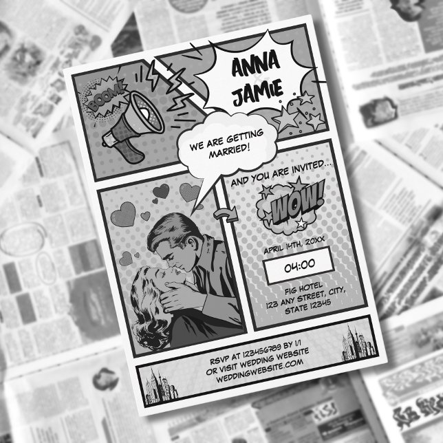 Invitation Retro Comic Book Superhero Mariage noir et blanc (retro vintage black and white comic book wedding invitation)