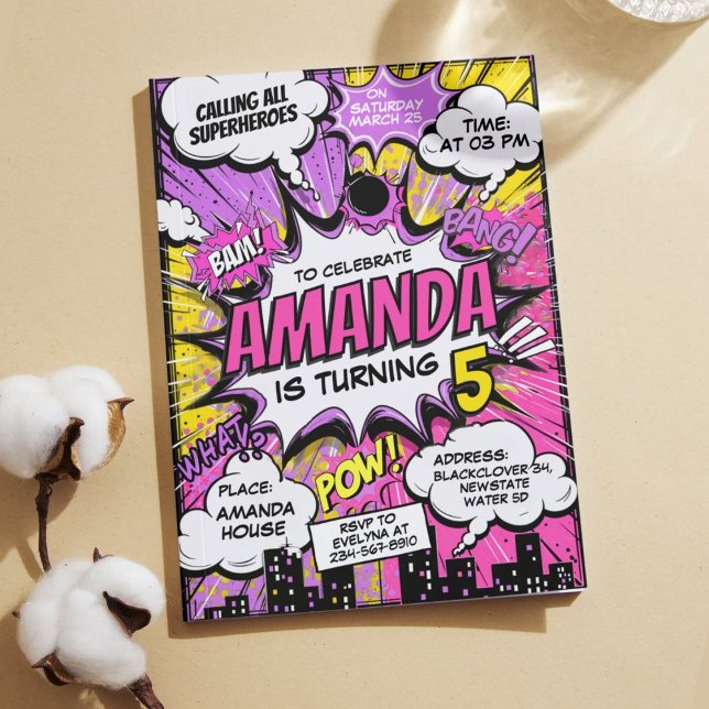 Invitation Retro Comic Superhéros Fille fête d'anniversaire (Retro Comic Superheroes Girl Birthday Party Invitation)