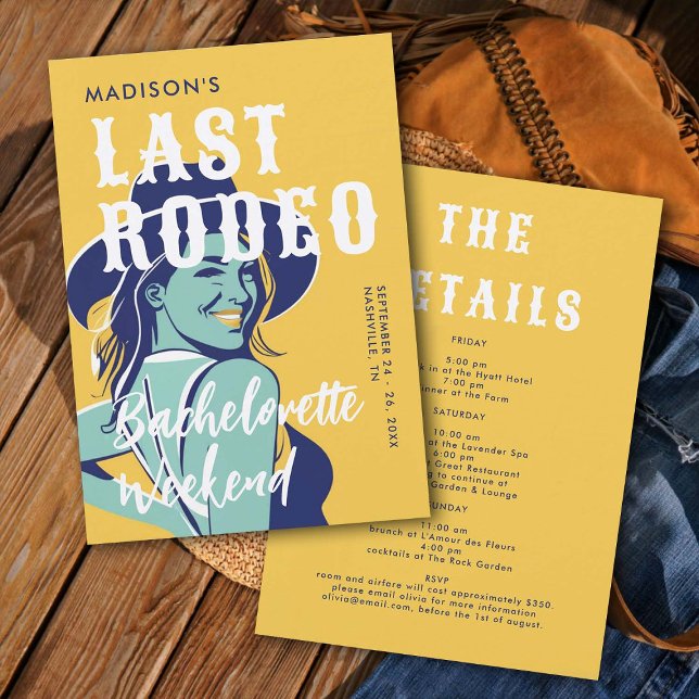 Invitation Retro Cowgirl Dernier Rodeo Glam Bachelorette Jaun (last rodeo bachelorette weekend invitation itinerary retro vintage elegant glam cowgirl yellow blue)