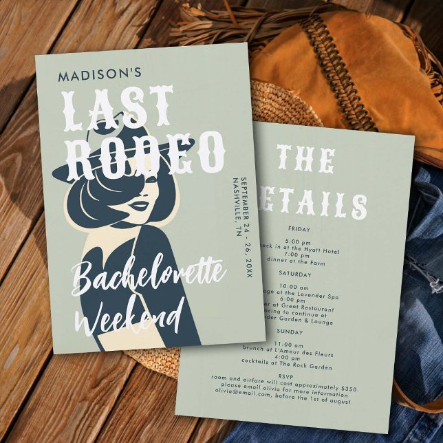 Invitation Retro Cowgirl Dernier Rodéo Glam Sage Bachelorette (last rodeo bachelorette weekend invitation itinerary retro vintage elegant glam cowgirl sage green)
