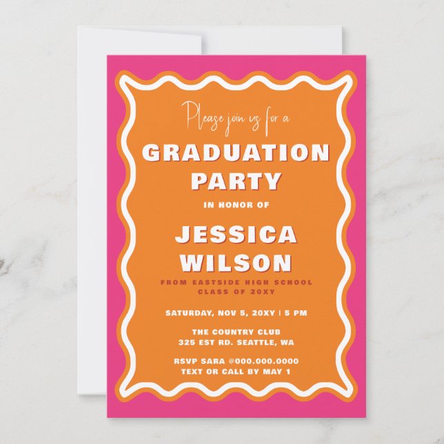 Invitation Retro Cute Wavy Pink Orange Diplôme photo (Devant)