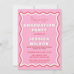 Invitation Retro Cute Wavy Pink Red Photo Graduation