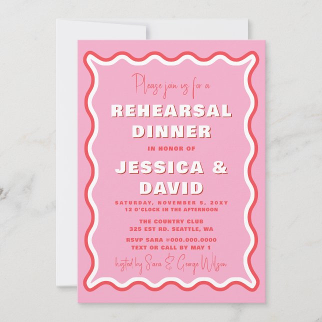 Invitation Retro Cute Wavy Pink Red Photo Rehearer Dîner (Devant)