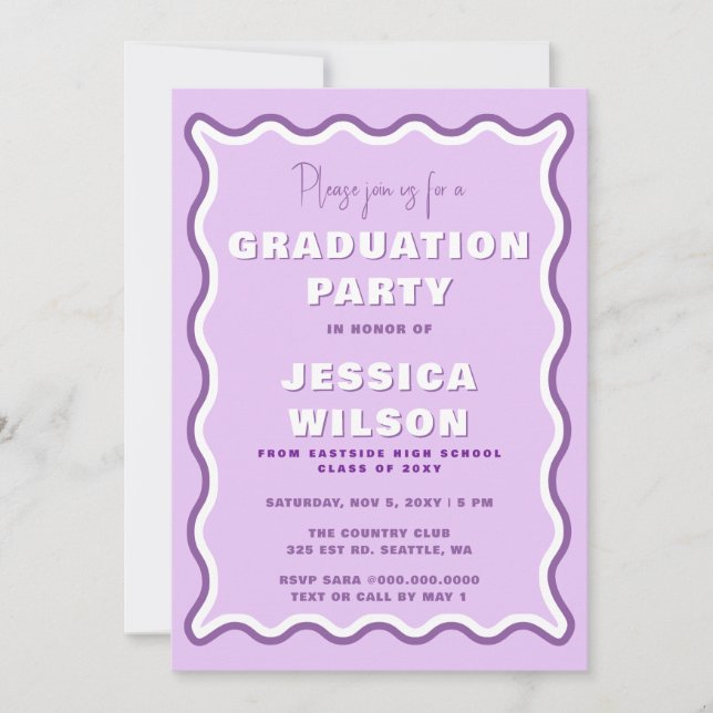 Invitation Retro Cute Wavy Purple Photo Graduation (Devant)