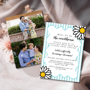 Invitation Retro Daisies Blue 2 Photo Adoption Day Courthouse